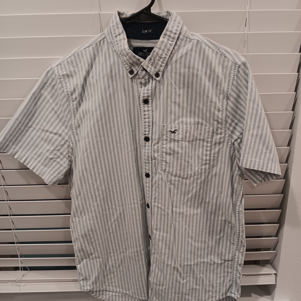 Hollister Blue and White Slim Fit Button Down Shirt